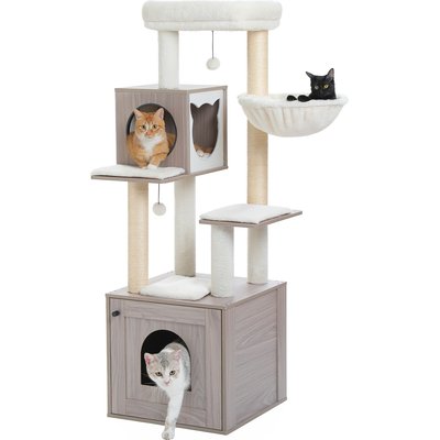 PAWZ Road PAWZ Road 57.5-in Polyester Wood Cat Tree Tower with Litter Box Enclosure & 2 Condos, Medium, Gray