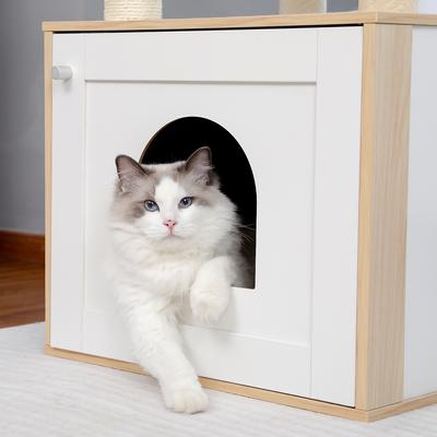 Show full view: PAWZ Road 56.7-in Polyester Wood Cat Tree Tower with Litter Box Enclosure & 2 Condos, Large, Beige slide 7 of 9