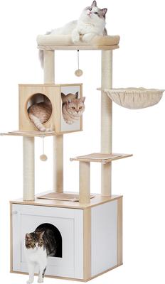 Show full view: PAWZ Road 56.7-in Polyester Wood Cat Tree Tower with Litter Box Enclosure & 2 Condos, Large, Beige slide 8 of 9