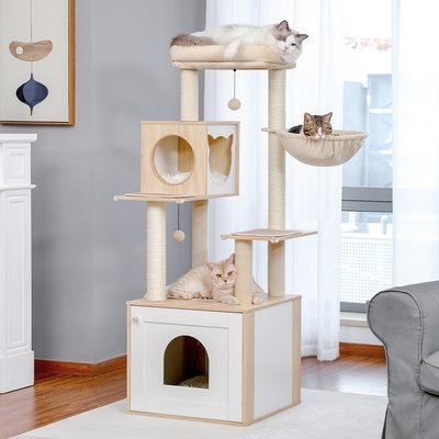 PAWZ Road PAWZ Road 56.7-in Polyester Wood Cat Tree Tower with Litter Box Enclosure & 2 Condos, Large, Beige