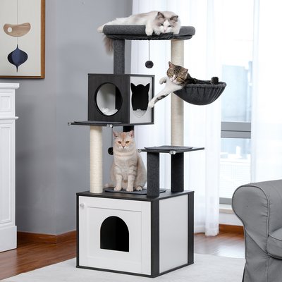 PAWZ Road PAWZ Road 56.7-in Polyester Wood Cat Tree Tower with Litter Box Enclosure & 2 Condos, Large, Black