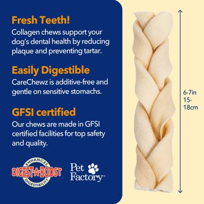 Show full view: Pet Factory CareChewz Collagen 6 to 7-inch Skinny Braided Sticks Natural Flavored Chewy Dog Treats, 5 count slide 5 of 6