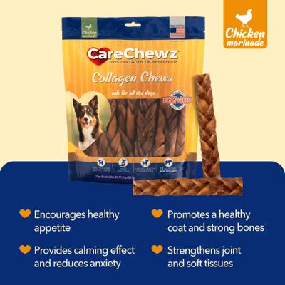 Show full view: Pet Factory CareChewz 6 to 7-inch Collagen Braid Chicken Flavored Dog Hard Chews, 15 count slide 4 of 10