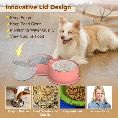 Show full view: UPSKY 304 Metal Dual Food & Water Functional Stainless Steel Anti-Skid Dog & Cat Bowl Set with Lids, Pink slide 5 of 10