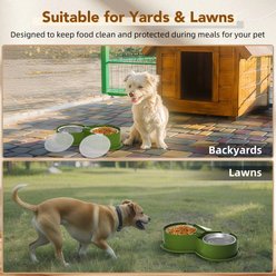 UPSKY 304 Metal Dual Food & Water Functional Stainless Steel Anti-Skid Dog & Cat Bowl Set with Lids, Green slide 2 of 9