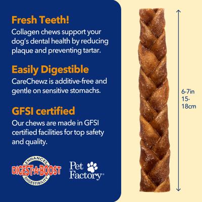 Show full view: Pet Factory CareChewz 6 to 7-inch Collagen Braid Chicken Flavored Dog Hard Chews, 15 count slide 5 of 10