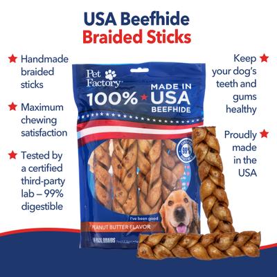 Show full view: Pet Factory Beefhide 7-inch Braided Sticks Peanut Butter Flavored Dog Hard Chews, 6 count slide 4 of 10
