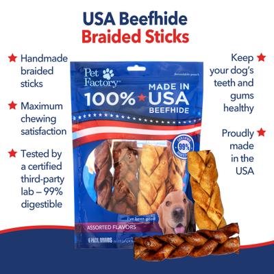 Show full view: Pet Factory Beefhide 6-inch Braided Sticks Variety Pack Beef & Chicken Flavored Dog Hard Chews, 6 count slide 4 of 10