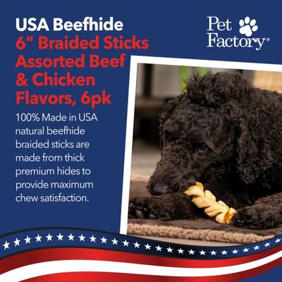 Show full view: Pet Factory Beefhide 6-inch Braided Sticks Variety Pack Beef & Chicken Flavored Dog Hard Chews, 6 count slide 3 of 10