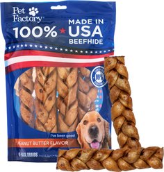 Pet Factory Beefhide 7-inch Braided Sticks Peanut Butter Flavored Dog Hard Chews, 6 count