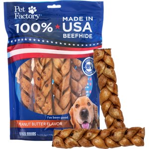 Pet Factory Beefhide 7-inch Braided Sticks Peanut Butter Flavored Dog Hard Chews, 6 count