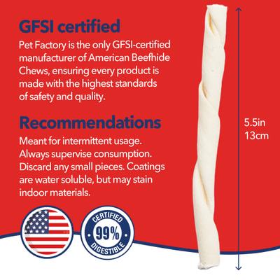 Show full view: Pet Factory Beefhide 5-inch Twist Sticks Natural Flavored Dog Hard Chews, 1-lb bag slide 5 of 11