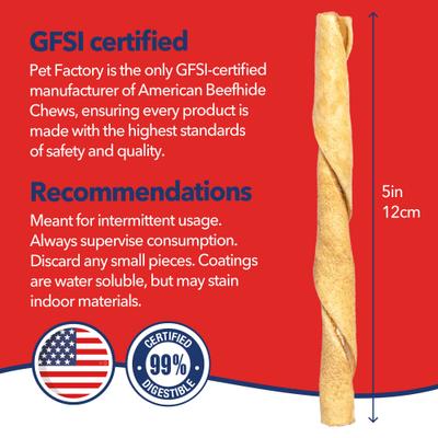Show full view: Pet Factory Beefhide 5-inch Twist Sticks Chicken Flavored Dog Hard Chews, 1-lb bag slide 5 of 10