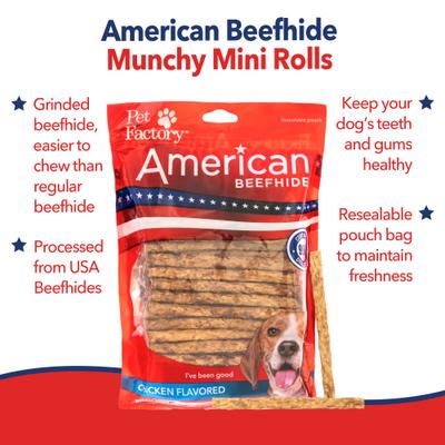 Show full view: Pet Factory Beefhide Munchy Mini Rolls 5-inch Chicken Flavored Dog Hard Chews, 1.5-lb bag slide 4 of 10