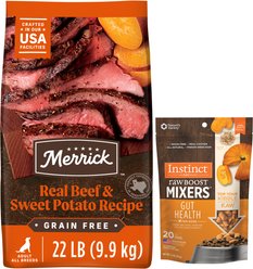 Merrick Real Texas Beef + Sweet Potato Recipe Grain-Free Adult Dry Food + Instinct Freeze-Dried Raw Boost Mixers Grain-Free Gut Health Recipe Dog Food Topper