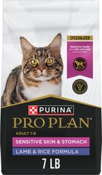 Purina Pro Plan Adult Sensitive Skin & Stomach Lamb & Rice Formula Dry Cat Food, 7-lb bag