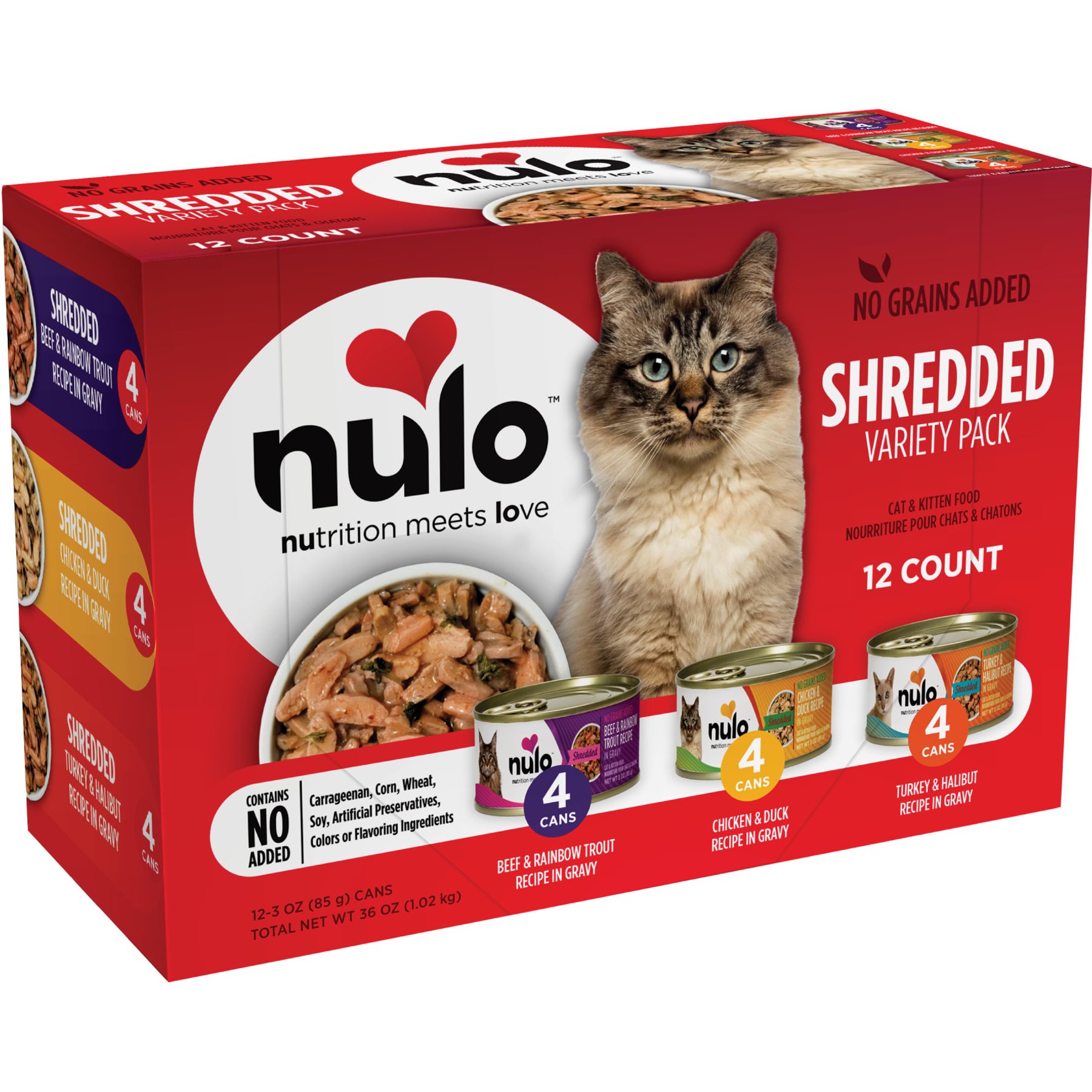 Nulo Freestyle Shredded Chicken & Duck, Shredded Beef & Rainbow Trout, Shredded Turkey & Halibut Grain-Free Variety Pack Canned Cat Food, 3-oz can, case of 12