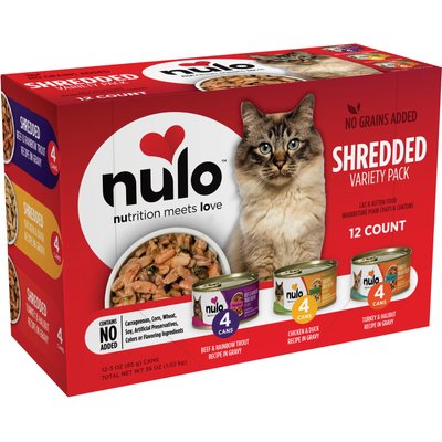 Nulo Nulo Freestyle Shredded Chicken & Duck, Shredded Beef & Rainbow Trout, Shredded Turkey & Halibut Grain-Free Variety Pack Canned Cat Food, 3-oz can, case of 12