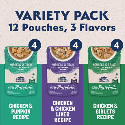Show full view: Natural Balance Original Ultra Platefulls Variety Pack Grain-Free Chicken & Pumpkin Shredded Wet Cat Food, 3-oz pouch, case of 12 slide 3 of 10
