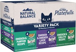Natural Balance Original Ultra Platefulls Variety Pack Grain-Free Chicken & Pumpkin Shredded Wet Cat Food, 3-oz pouch, case of 12