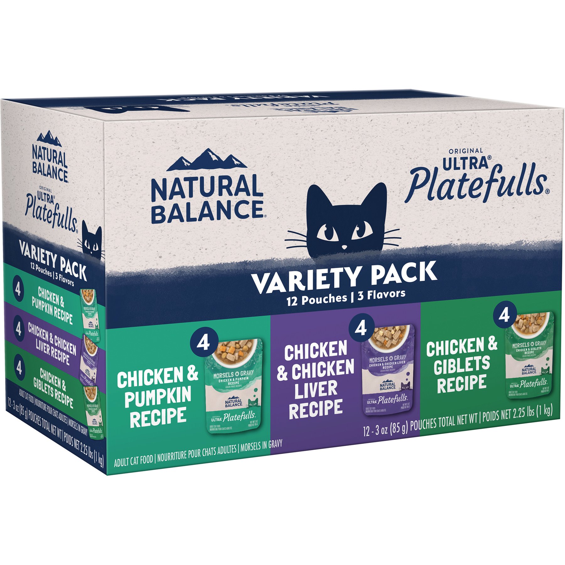 Natural Balance Original Ultra Platefulls Variety Pack Grain-Free Chicken & Pumpkin Shredded Wet Cat Food, 3-oz pouch, case of 12