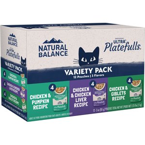 Natural Balance Original Ultra Platefulls Variety Pack Grain-Free Chicken & Pumpkin Shredded Wet Cat Food, 3-oz pouch, case of 12