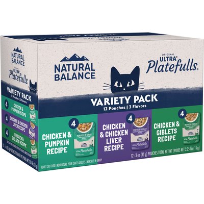 Natural Balance Natural Balance Original Ultra Platefulls Variety Pack Grain-Free Chicken & Pumpkin Shredded Wet Cat Food, 3-oz pouch, case of 12