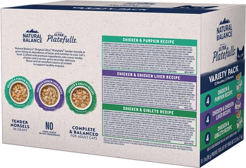 Show full view: Natural Balance Original Ultra Platefulls Variety Pack Grain-Free Chicken & Pumpkin Shredded Wet Cat Food, 3-oz pouch, case of 12 slide 4 of 10