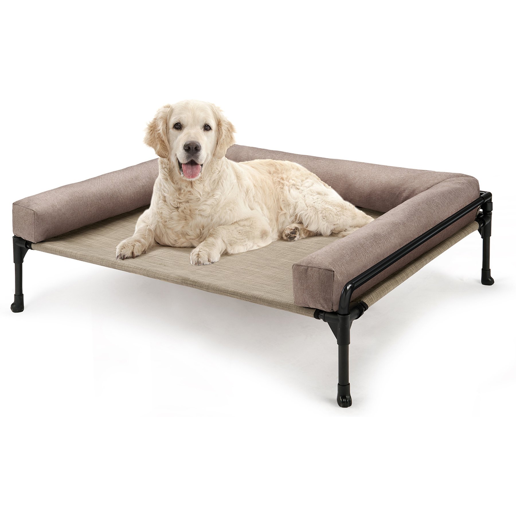 Veehoo Three-Sided Bolster Elevated Dog Bed, Beige Coffee, Large