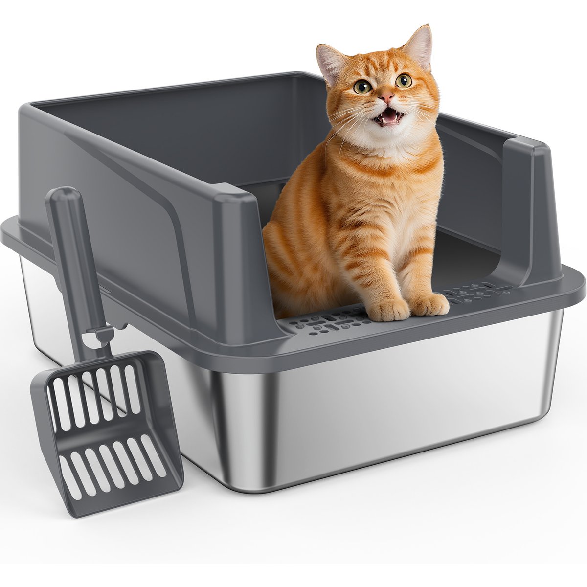 JOEJOY Stainless Steel Cat Litter Box with Scoop, 16.14-in, Dark Gray