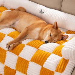 FunnyFuzzy Cozy Cream Plaid Dog & Cat Sofa Bed, Yellow, Medium slide 2 of 5