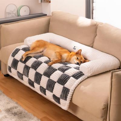 Show full view: FunnyFuzzy Cozy Cream Plaid Dog & Cat Sofa Bed, Gray, Small slide 4 of 4