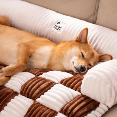 Show full view: FunnyFuzzy Cozy Cream Plaid Dog & Cat Sofa Bed, Brown, Large slide 2 of 3