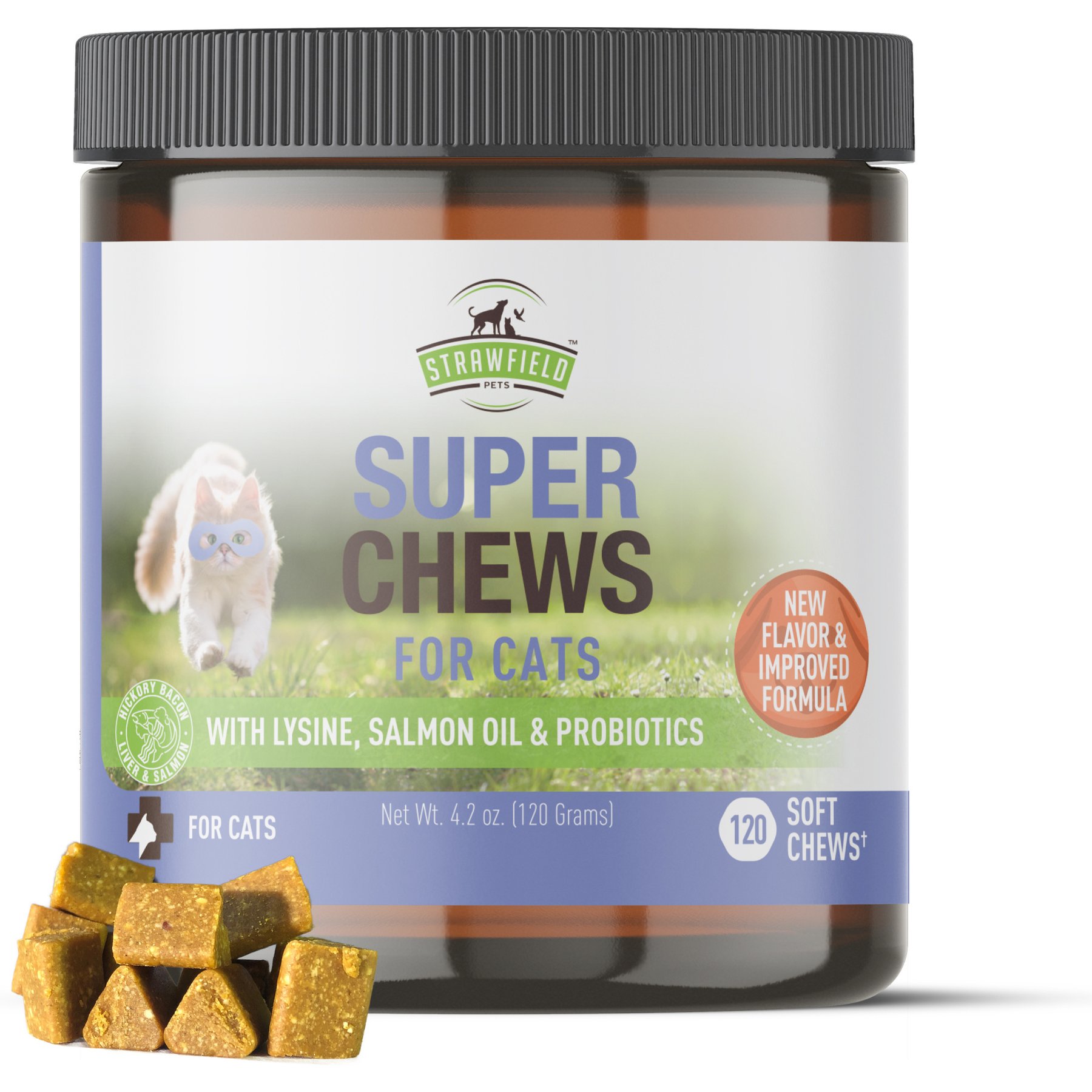 Strawfield Pets Super Chews with Probiotics, Lysine, Salmon Oil & Catnip Soft Chews Cat Supplement, 120 count