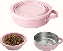 PawsPik 2-in-1 18/8 Stainless Steel & Silicone Dog & Cat Travel Bowl, Cherry Blossom Pink