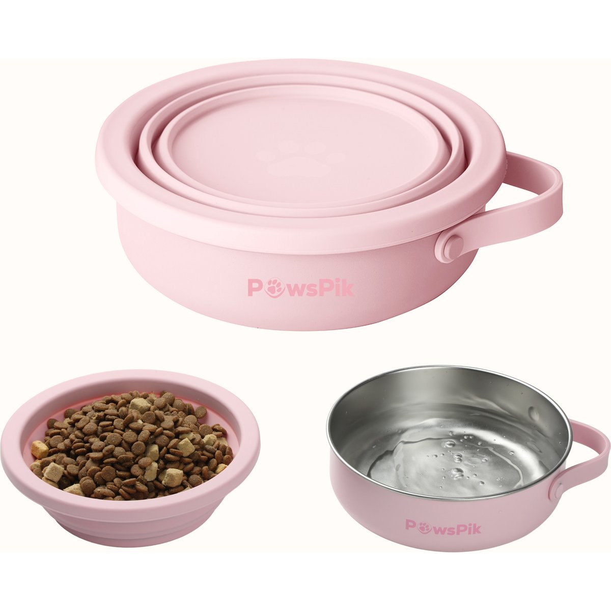 PawsPik 2-in-1 18/8 Stainless Steel & Silicone Dog & Cat Travel Bowl, Cherry Blossom Pink