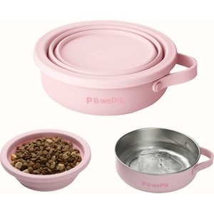 PawsPik 2-in-1 18/8 Stainless Steel & Silicone Dog & Cat Travel Bowl, 4 cup, Cherry Blossom Pink