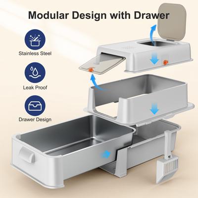 Show full view: JOEJOY Enclosed Stainless Steel Unique Slide Out Drawer Design Cat Litter Box with Scoop, 25.20-in, Silver Gray slide 3 of 10
