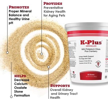 Show full view: K-Plus Potassium Citrate Plus Supports Bladder Health Cranberry Granules for Dogs & Cats, 300g slide 6 of 11