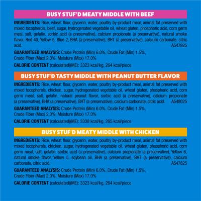 Show full view: Purina Busy Stufd Variety Pack Beef, Chicken & Peanut Butter Rawhide-Free Adult Dog Treats, 27 Count slide 7 of 9