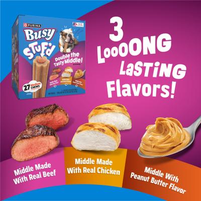 Show full view: Purina Busy Stufd Variety Pack Beef, Chicken & Peanut Butter Rawhide-Free Adult Dog Treats, 27 Count slide 6 of 9