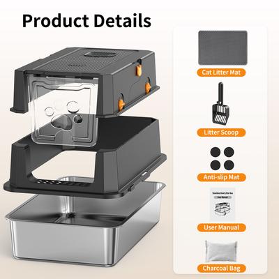 Show full view: Pawward Multi-Cat Stainless Steel Extra Large Odor Control Covered Cat Litter Box with Lid slide 7 of 9