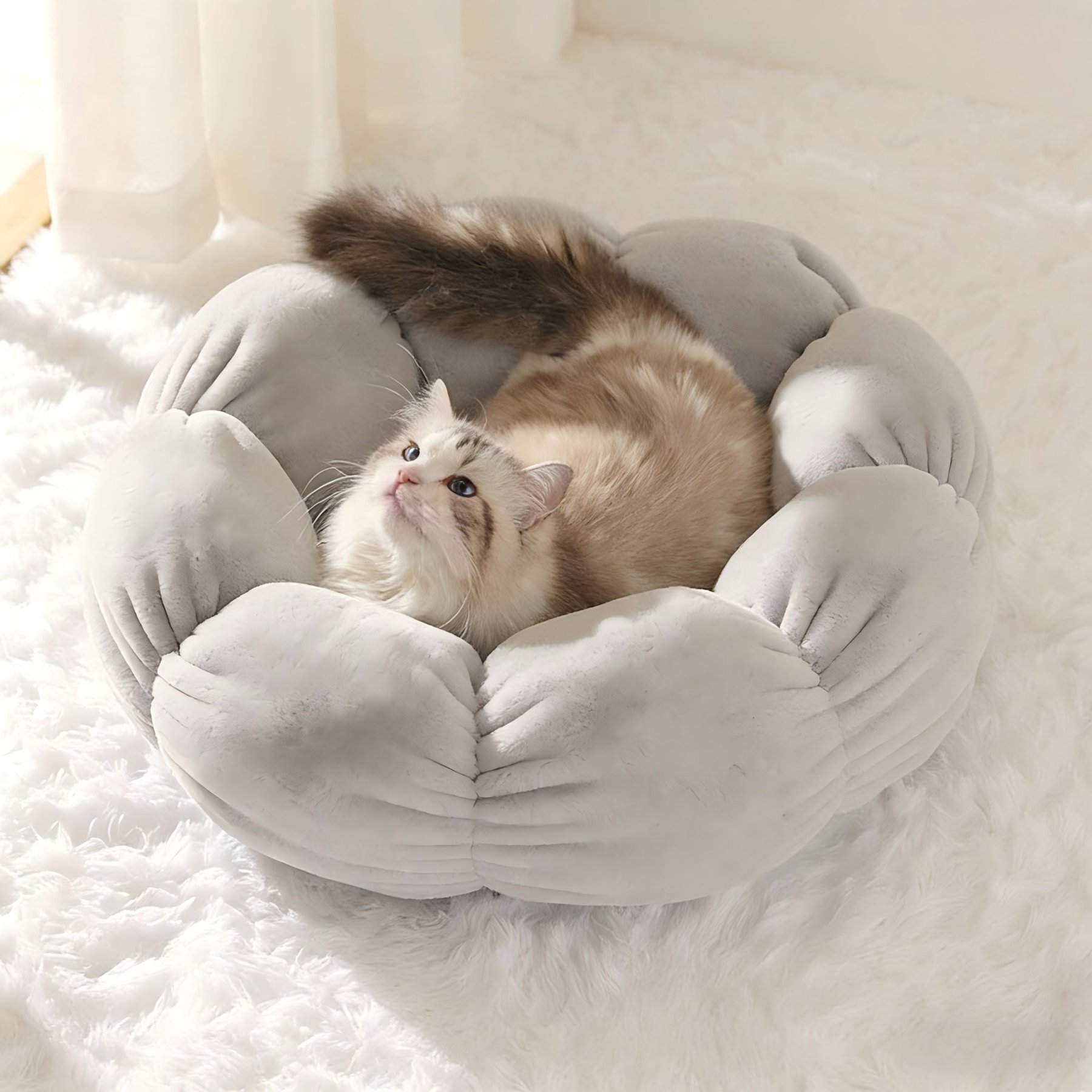 DOPZER Flower-Shaped Indoor Cozy Plush Lounger Bolster Cat Bed, Grey, 21.6 x 21.6 x 6.3-in