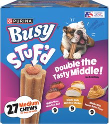 Purina Busy Stufd Variety Pack Beef, Chicken & Peanut Butter Rawhide-Free Adult Dog Treats, 27 Count slide 1 of 7