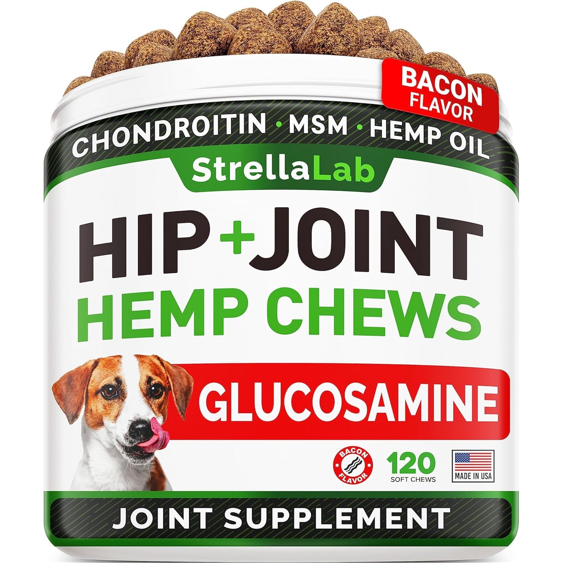 StrellaLab Hemp + Glucosamine Bacon Flavored Soft Chew Hip & Joint Supplement for Dogs, 120 count