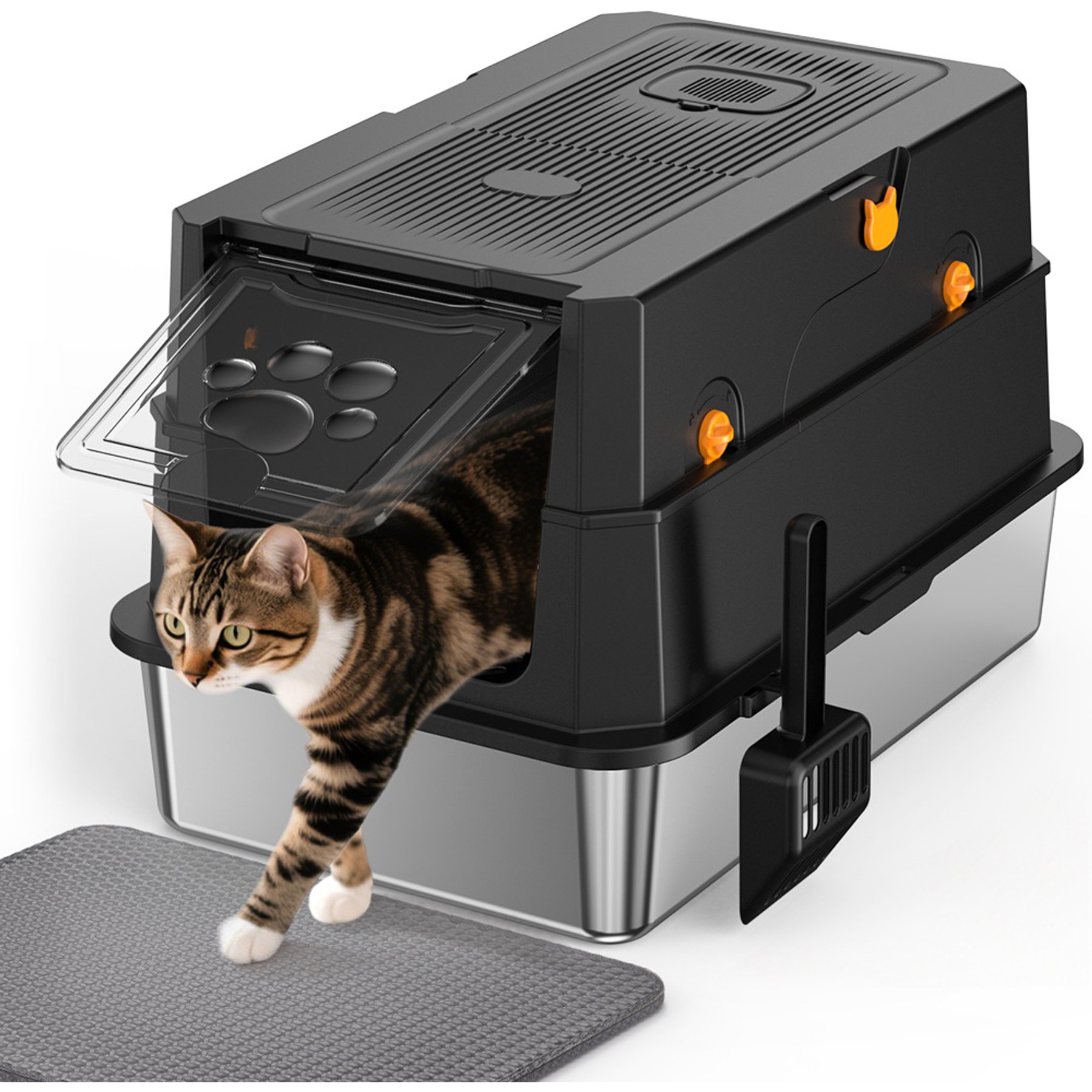 Pawward Multi-Cat Stainless Steel Extra Large Odor Control Covered Cat Litter Box with Lid