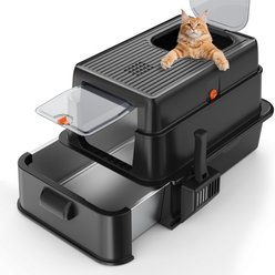 JOEJOY Enclosed Stainless Steel Unique Slide Out Drawer Design Cat Litter Box with Scoop, 25.20-in, Black