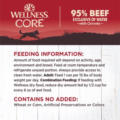 Show full view: Wellness CORE 95% Grain-Free Beef & Carrots Canned Dog Food, 12.5-oz, case of 12 slide 6 of 8
