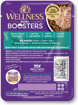 Show full view: Wellness Bowl Boosters Simply Shreds Tuna, Beef & Carrots Natural Grain-Free Wet Dog Food Mixer or Topper, 2.8-oz pouch, case of 12 slide 4 of 10