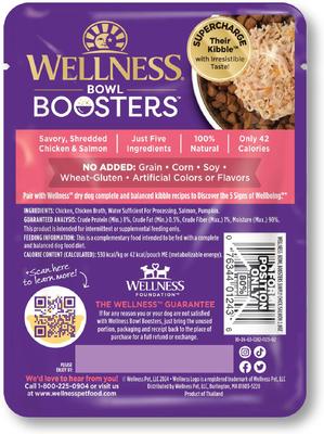 Show full view: Wellness Bowl Boosters Simply Shreds Chicken, Salmon & Pumpkin Natural Grain-Free Wet Dog Food Mixer or Topper, 2.8-oz pouch, case of 12 slide 4 of 10